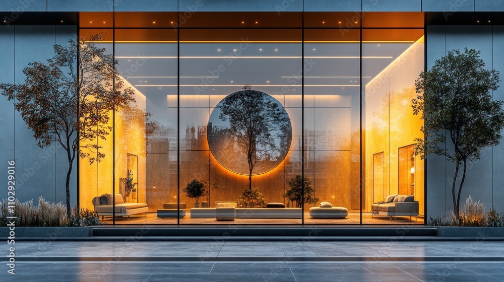 Poster modern architectural lobby with a circular tree feature and warm lighting.