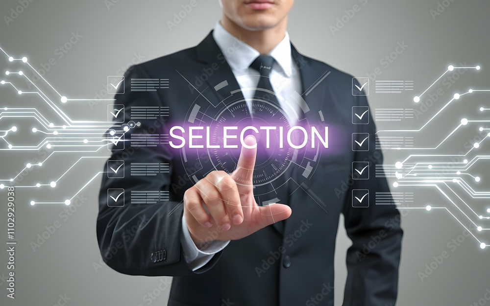 Poster strategic selection: a businessman in a sharp suit interacts with a futuristic interface, selecting 