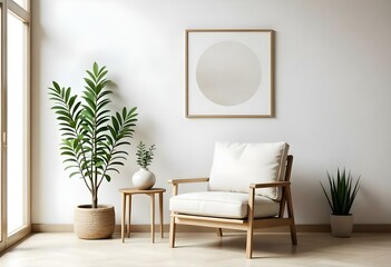 A minimalist living room with a wooden armchair, a potted plant, and a framed circular artwork on the wall
