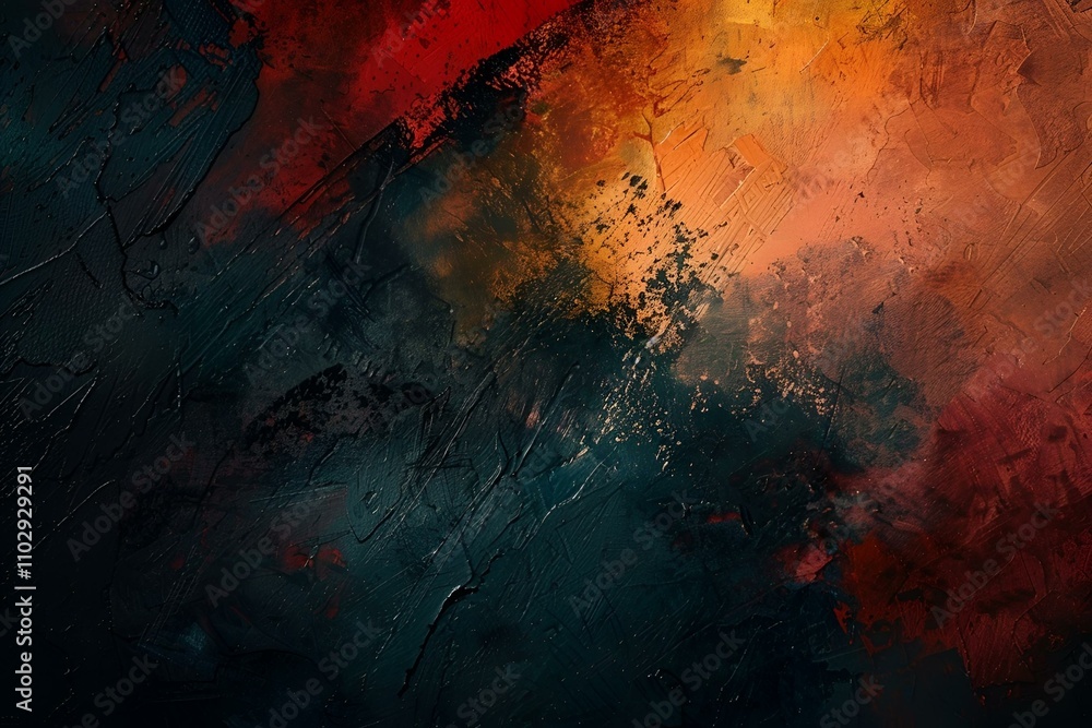 Poster exquisite painterly abstract background with deep, rich colors and textured brushstrokes, creating a