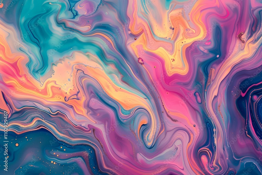 Poster fluid marble pattern with swirling, vibrant colors in a seamless design, featuring bright hues and d