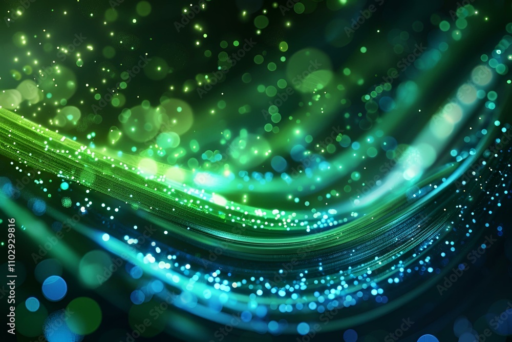 Poster futuristic abstract background with glowing green and blue neon wave lines moving at high speed, int