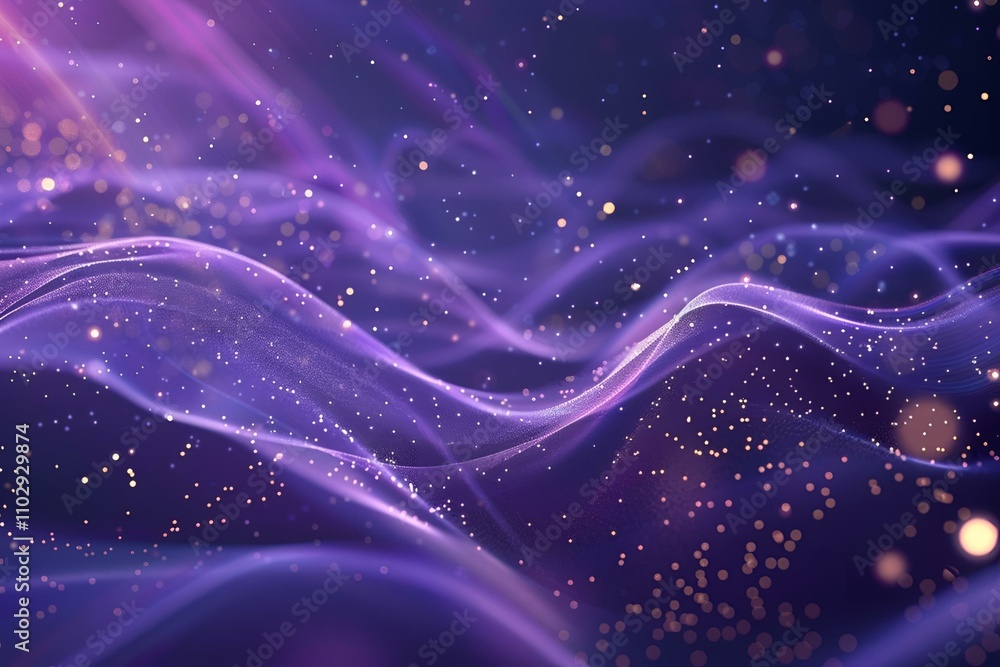Poster futuristic backdrop featuring undulating purple particle waves and radiant light, with scattered shi