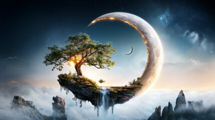 A surreal landscape featuring a tree on a crescent moon, surrounded by clouds and mountains.