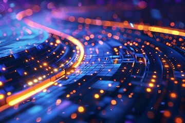 Futuristic digital abstract background with blue and gold geometric curves, featuring square shapes and orange glow lights. Neon lines and lilac blocks create a 3D effect