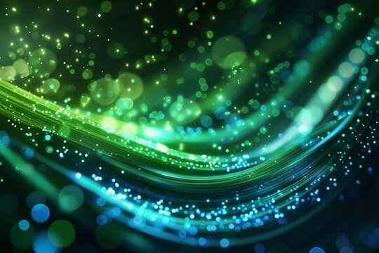 Futuristic abstract background with glowing green and blue neon wave lines moving at high speed, interspersed with shimmering bokeh lights for a dynamic, data transfer concept