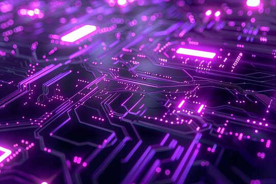Futuristic abstract digital background with neon purple and silver tones, showcasing intricate circuitry patterns and flowing data streams, suitable for AI and tech visualizations - Powered by Adobe