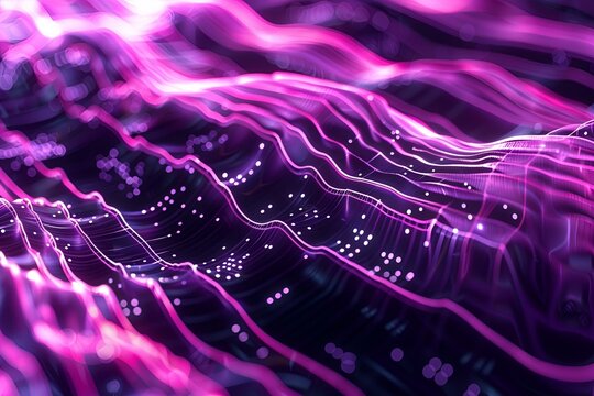 Futuristic abstract digital background with neon purple and silver tones, showcasing intricate circuitry patterns and flowing data streams, suitable for AI and tech visualizations