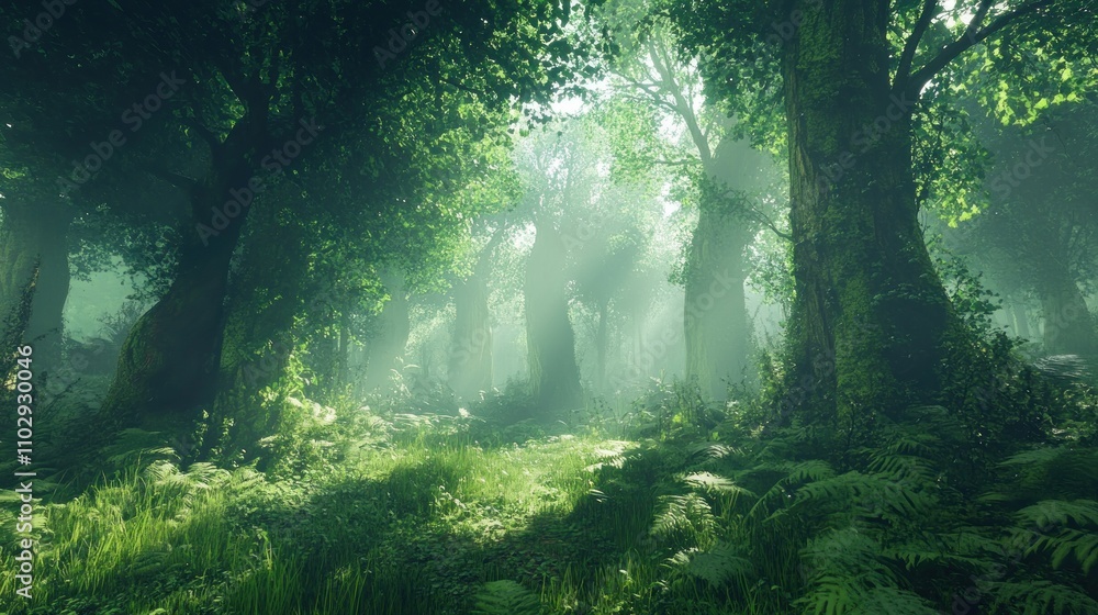Aufkleber a serene forest scene with sunlight filtering through trees, creating a mystical atmosphere.