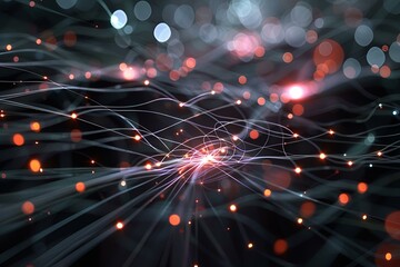 High-tech abstract backdrop with radiant fiber optics and intricate network lines, representing a sophisticated quantum computing system and global electronic intelligence