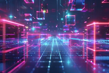 High-tech abstract scene with vibrant neon blocks representing AI and data flow, showcasing a dynamic digital grid and advanced analytics in a modern, futuristic style