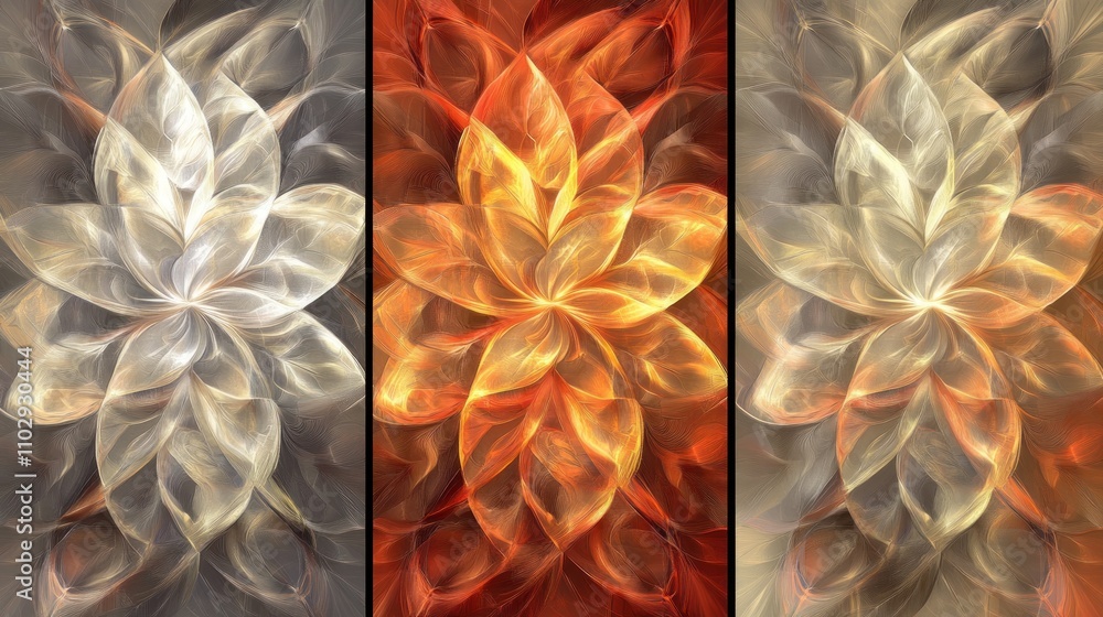 Poster a vibrant abstract artwork featuring layered floral patterns in three color variations.