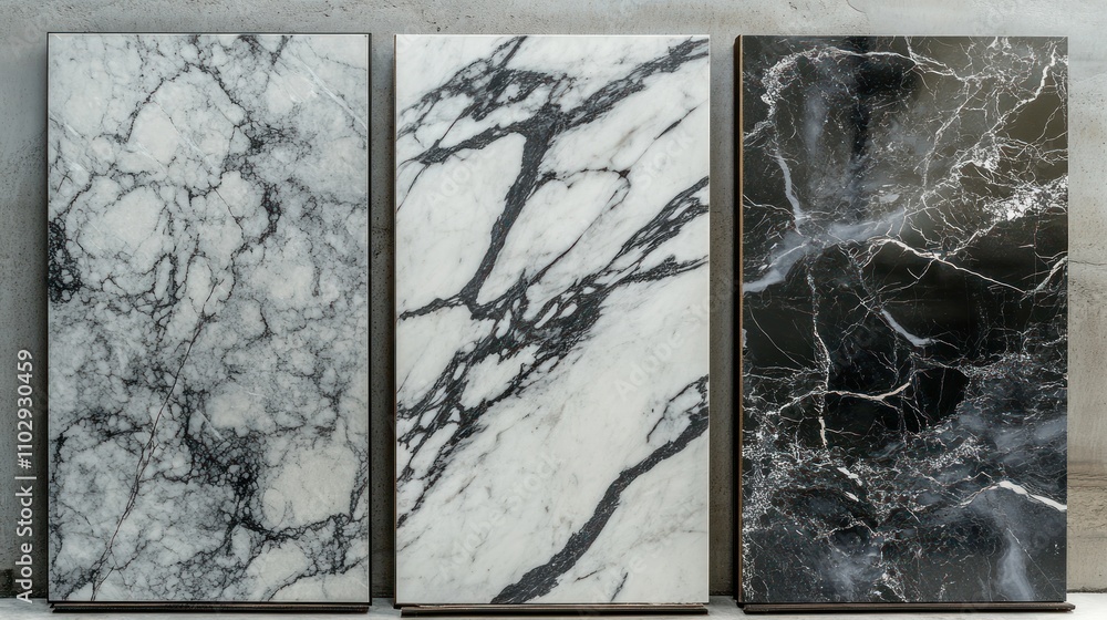 Poster three marble slabs showcasing different textures and patterns for design purposes.