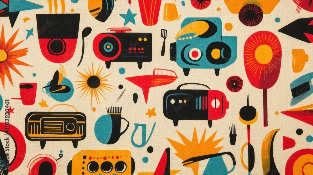 Poster a vibrant retro pattern featuring various stylized objects and designs.