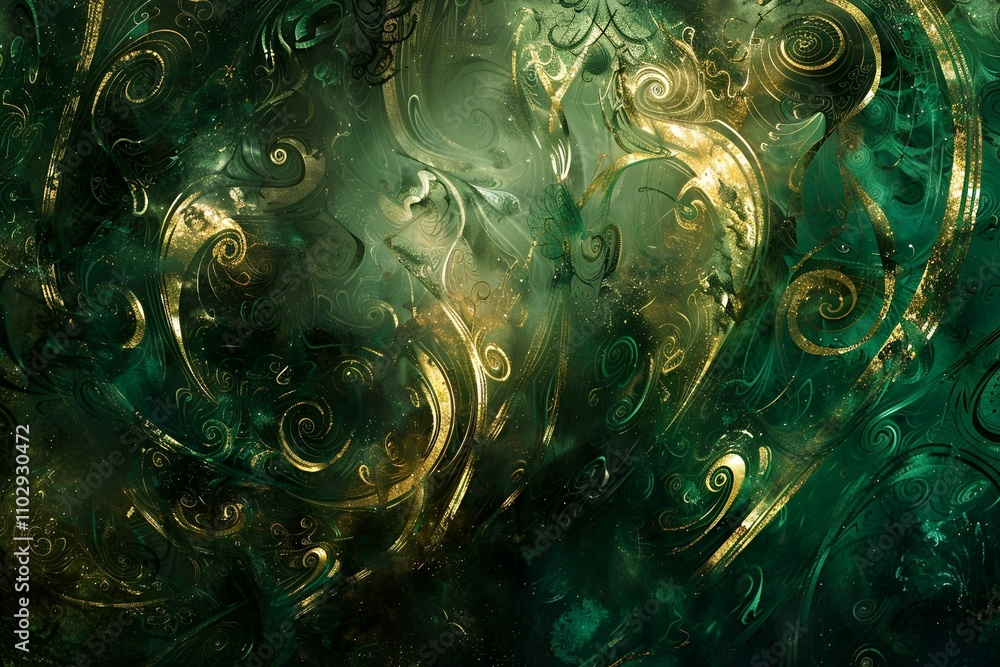 Aufkleber rich emerald and gold dynamic composition featuring swirling fluid textures and intricate patterns, 