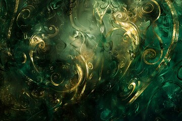 Rich emerald and gold dynamic composition featuring swirling fluid textures and intricate patterns, overlaid on a dark forest canopy with glistening light reflections