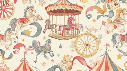 Colorful carousel and circus-themed illustration featuring horses and festive elements.