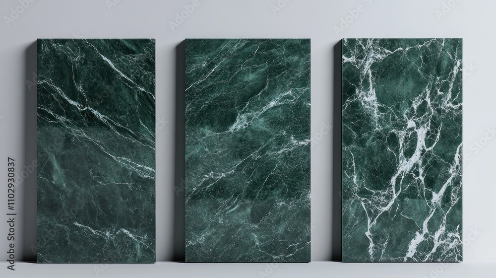 Poster three panels of dark green marble with varying veining patterns displayed against a neutral backgrou