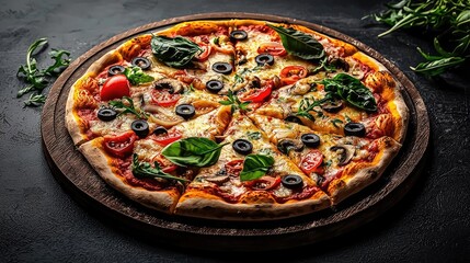 Delicious pizza topped with olives, spinach, tomatoes, and cheese on a wooden board.