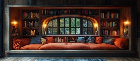 Cozy reading nook with bookshelves and a comfortable seating area.