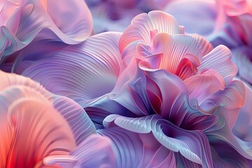 Stunning 3D abstract backdrop featuring intricate, blooming flower shapes with delicate textures and soft gradients, creating a visually rich and immersive scene.