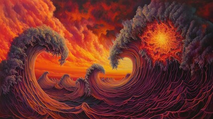A dramatic seascape featuring vibrant waves and a fiery sun, evoking emotion and energy.