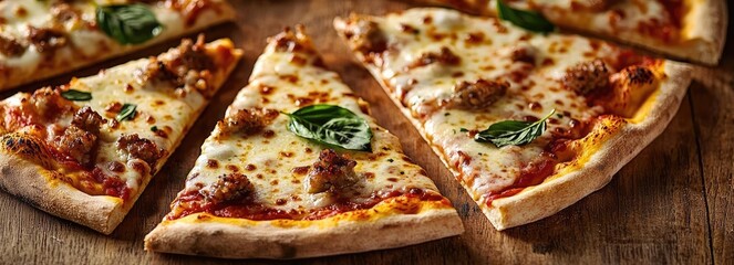 Delicious pizza slices on a rustic wooden table, topped with cheese and basil.