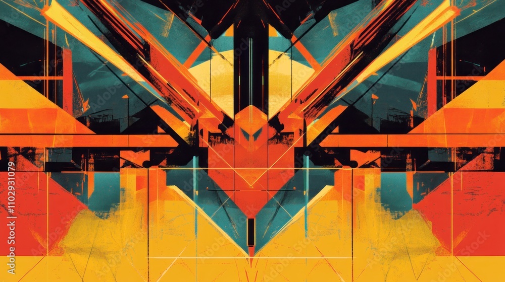 Poster abstract geometric composition with vibrant colors and dynamic shapes.