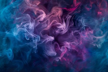 Obraz premium Swirling mist of vibrant blue, purple, and red hues blending seamlessly in an abstract paint-water mix, creating a soft, ethereal texture on a dark background
