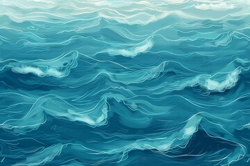 Obraz premium Tileable turquoise blue seascape featuring rolling ocean waves, offering a smooth, abstract background with a nautical summer vibe, perfect for digital art patterns