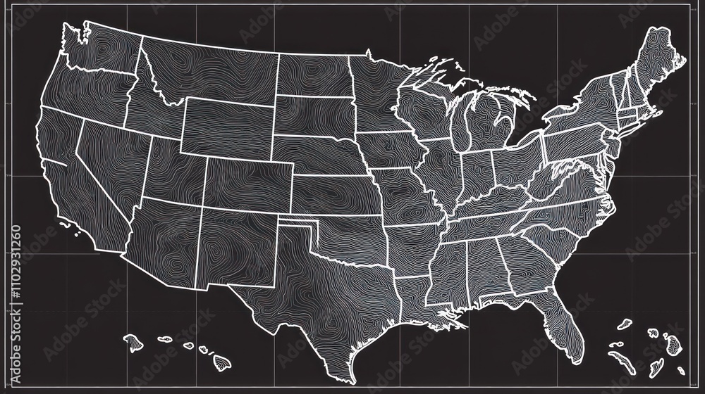 Poster a stylized map of the united states displaying wind patterns and airflow.