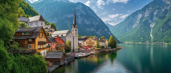 Fototapeta premium ai generated image of tranquil coastal village with colorful houses, fishing boats anchored in the harbor, soft morning light casting a serene glow