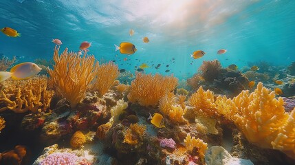 A vibrant underwater scene showcasing colorful coral reefs and tropical fish.