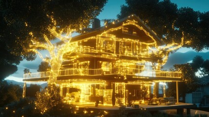 Obraz premium A glowing house adorned with bright lights, set against a twilight sky.