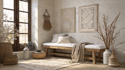 Boho Chic Living Room with Natural Textures and Neutral Tones V4