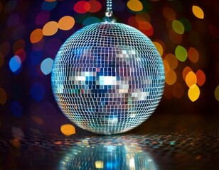 Obraz premium Shiny disco ball hanging against colorful bokeh lights, perfect for party invitations or flyers