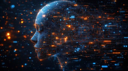 A digital representation of a human head with glowing circuitry and data streams.
