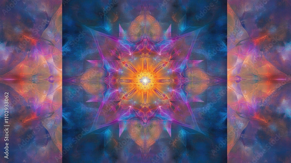 Poster a vibrant abstract design featuring a symmetrical pattern with bright colors and cosmic elements.