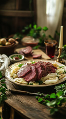 A traditional Irish meal of corned beef and cabbage served on a rustic wooden table