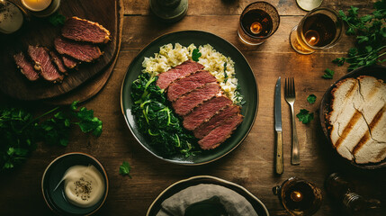 A traditional Irish meal of corned beef and cabbage served on a rustic wooden table