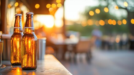 Two beer bottles on a table with a warm sunset glow in the background.