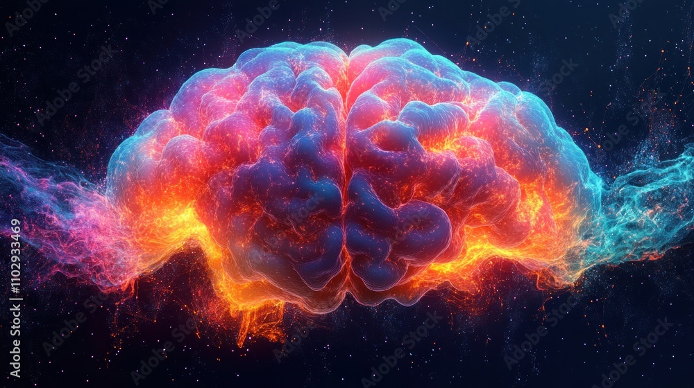 Poster a vibrant, abstract representation of a brain with colorful energy emanating from it.