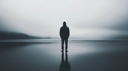 Man standing alone on a foggy beach