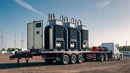 Transporting electrical transformers on a flatbed truck at a power substation during the day