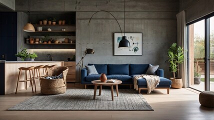 Industrial Living Room with Blue Sofa and Open Concept Kitchen V1