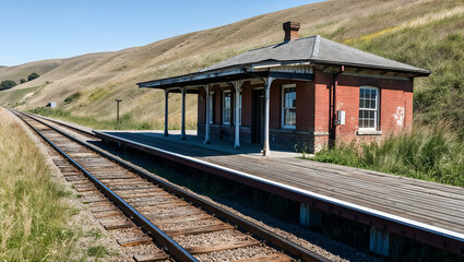 Obraz premium Old railway station stands alone beside quiet tracks surrounded by rolling hills under clear blue sky