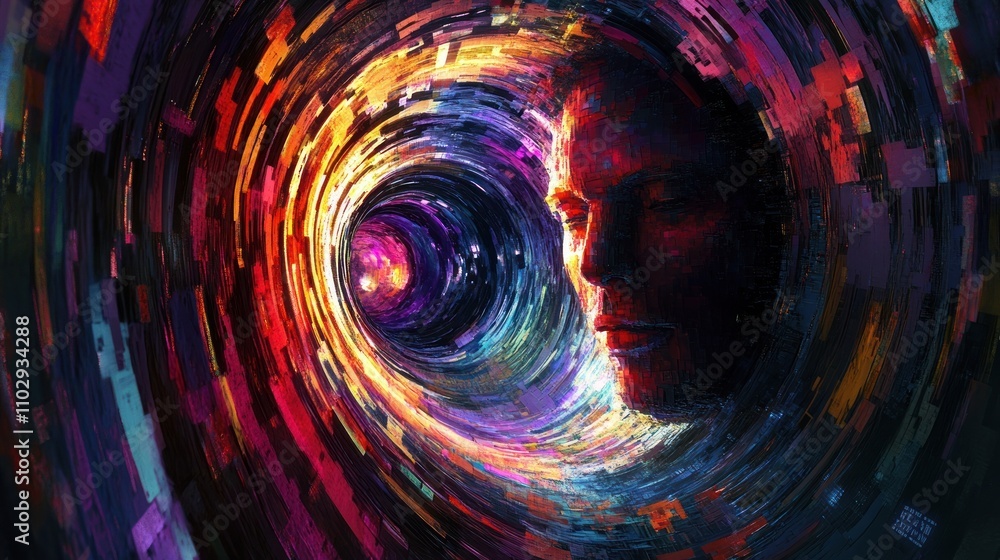 Poster a surreal depiction of a face merging with vibrant cosmic patterns in a tunnel of colors.