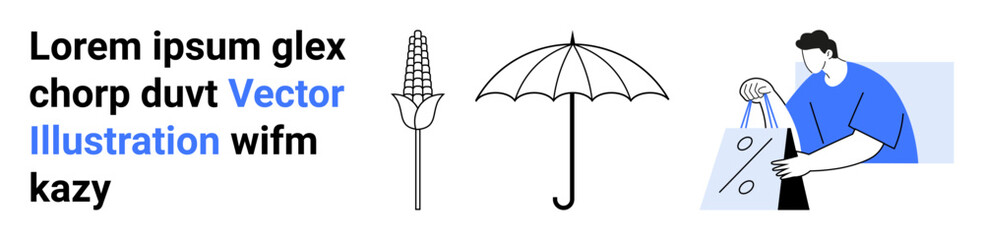 Man holding sale shopping bag, detailed umbrella, and abstract flower next to placeholder text. Ideal for advertisement, e-commerce, weather information, fashion promotions, botanical subjects