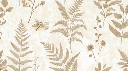 A botanical pattern featuring ferns, flowers, and a bee in soft, neutral tones.