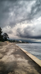 Stormy skies over a coastal promenade